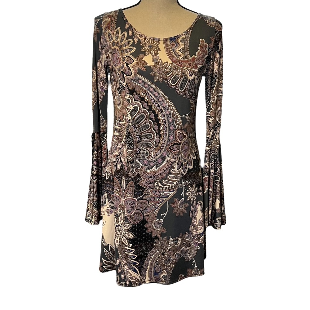 Ariella Paisley Dress w/ Lace Up Bell Sleeve